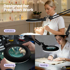 7" Wide Bifocal Lens – 3 Light Modes, 1600 Lumens LED Magnifier Lamp for Detail Works, Black