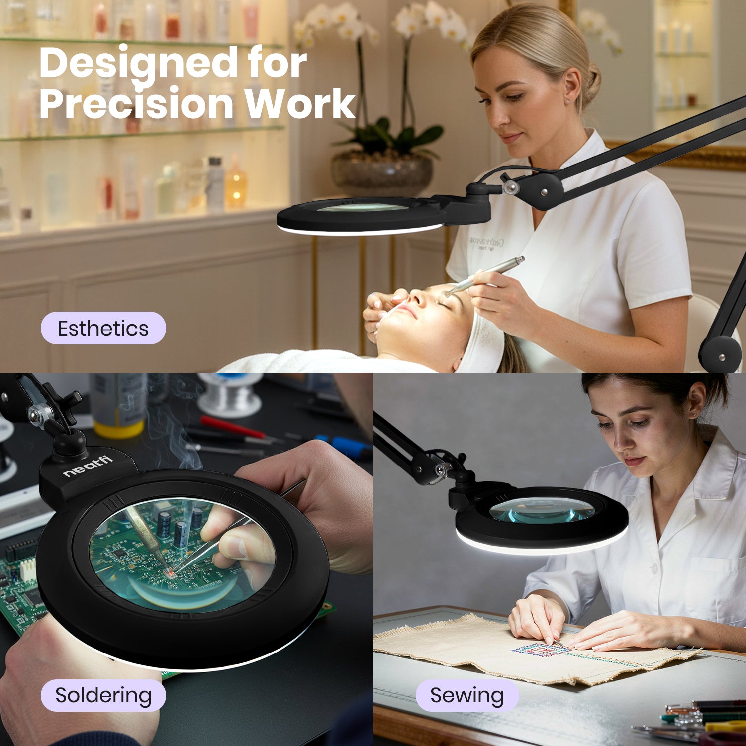 7" Wide Bifocal Lens – 3 Light Modes, 1600 Lumens LED Magnifier Lamp for Detail Works, Black