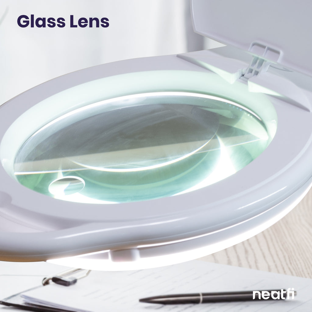 7" Wide Glass Lens Elite Super LED Magnifying Lamp with Clamp, 3 Diopter & 12 Diopter, 3 Light Modes - White