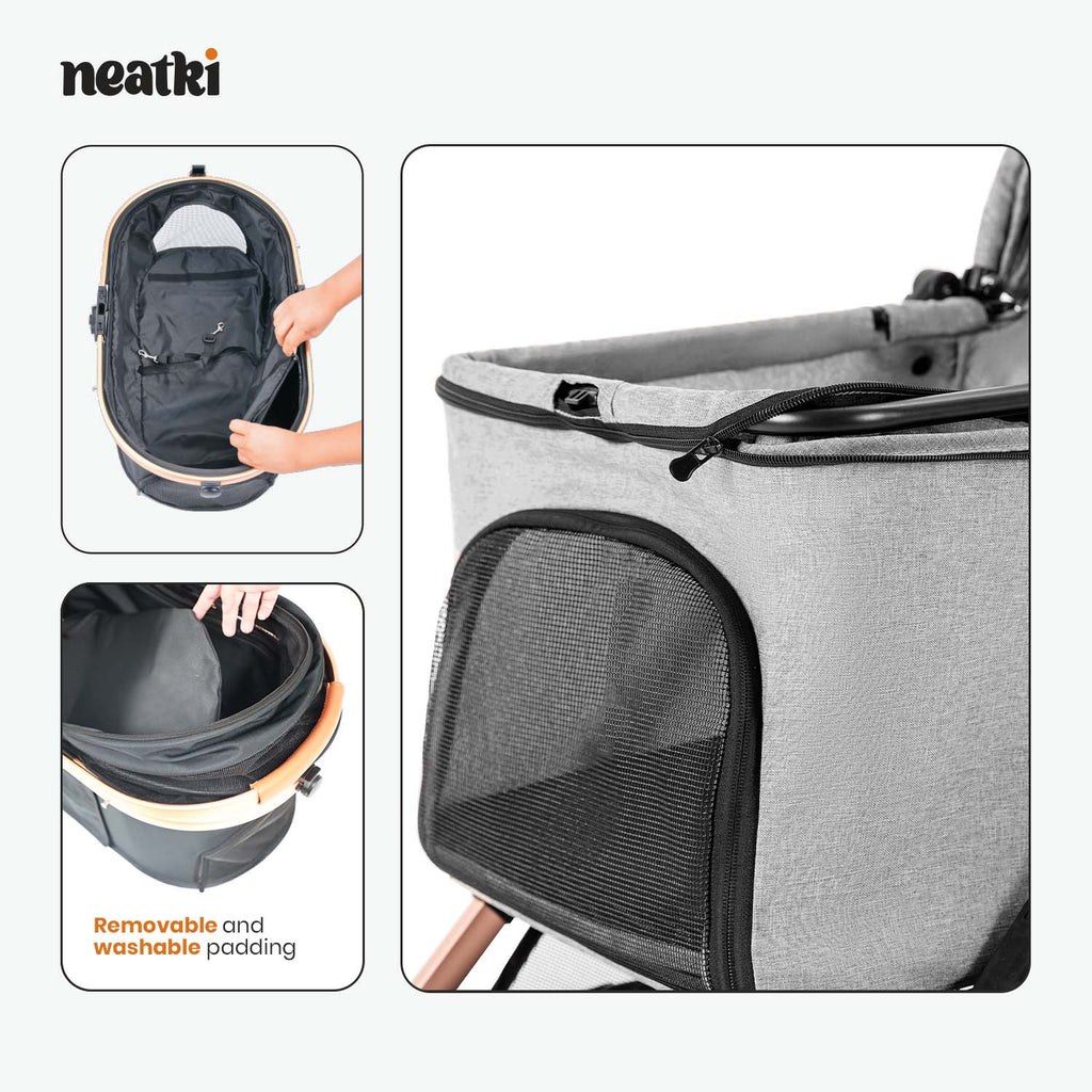 Cochecito plegable para mascotas (perros y gatos), capacidad de 15 kg, ruedas delanteras giratorias 360°, plegado con un solo clic, sistema de freno, correas y ganchos de seguridad, acolchado extraíble y lavable, y portavasos (gris)