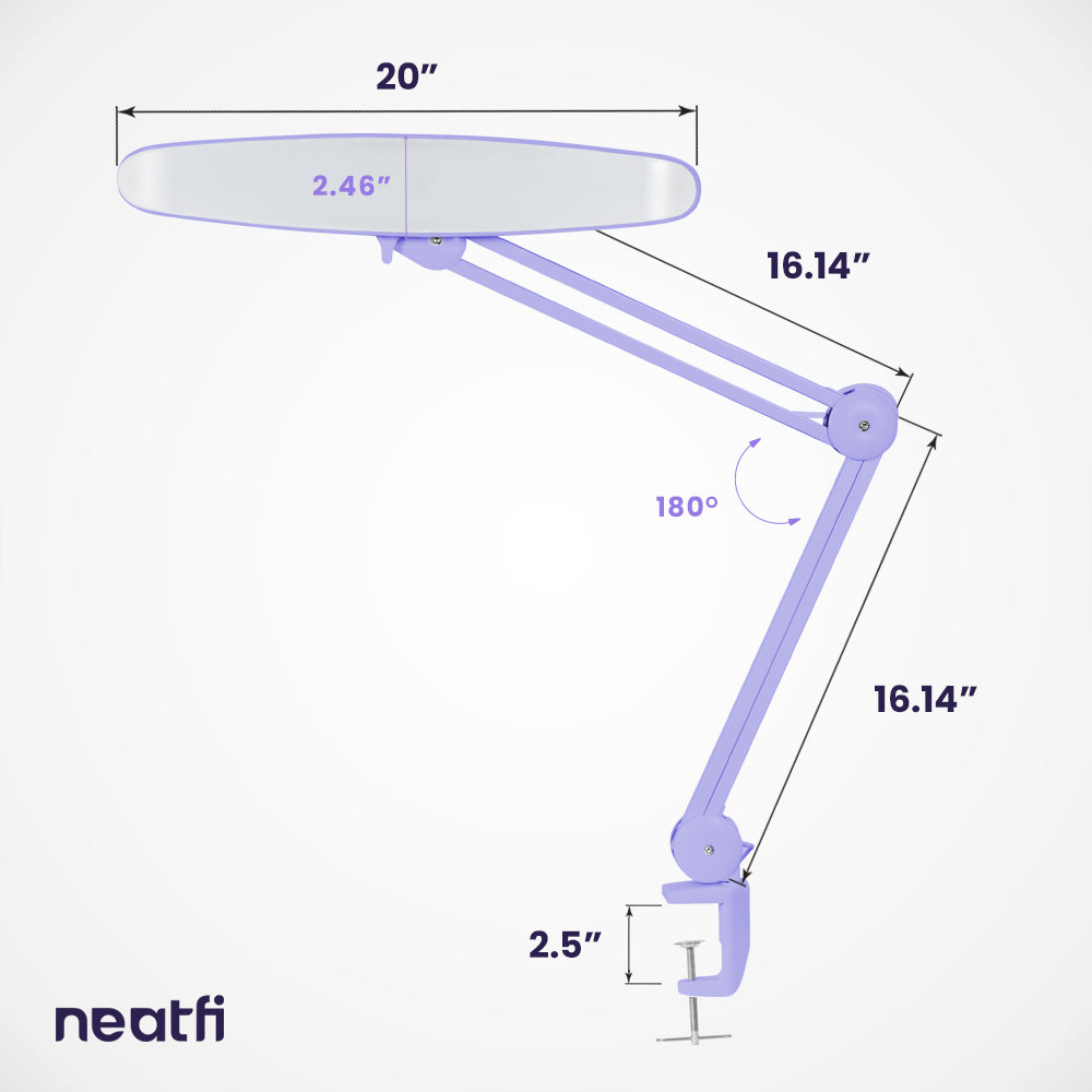 20" Wide Lamp XL 2,200 Lumens LED Task Lamp with Clamp, 3 Light Modes - Lavender