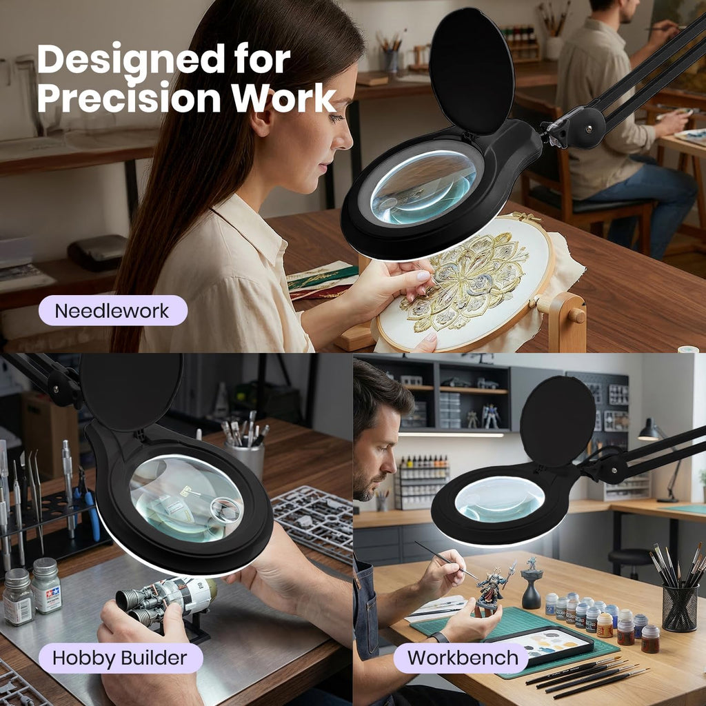 5" Wide Bifocal Lens – 1200 Lumens LED Magnifying Lamp for Crafts & Detail Works, Clamp Mount, Black