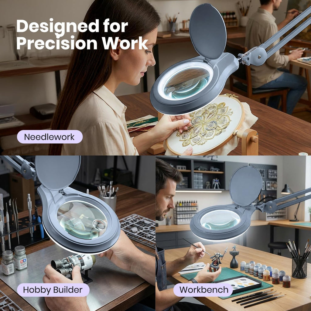 5" Wide Bifocals Lens – 1200 Lumens LED Magnifying Lamp for Crafts & Detail Works, Clamp Mount, Gray