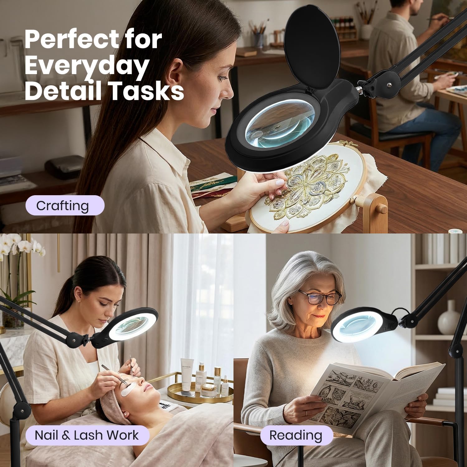 Lampe loupe DEL sur pied de 1200 lumens avec lentille en verre à double foyer de 12,7 cm de large et base roulante, noire