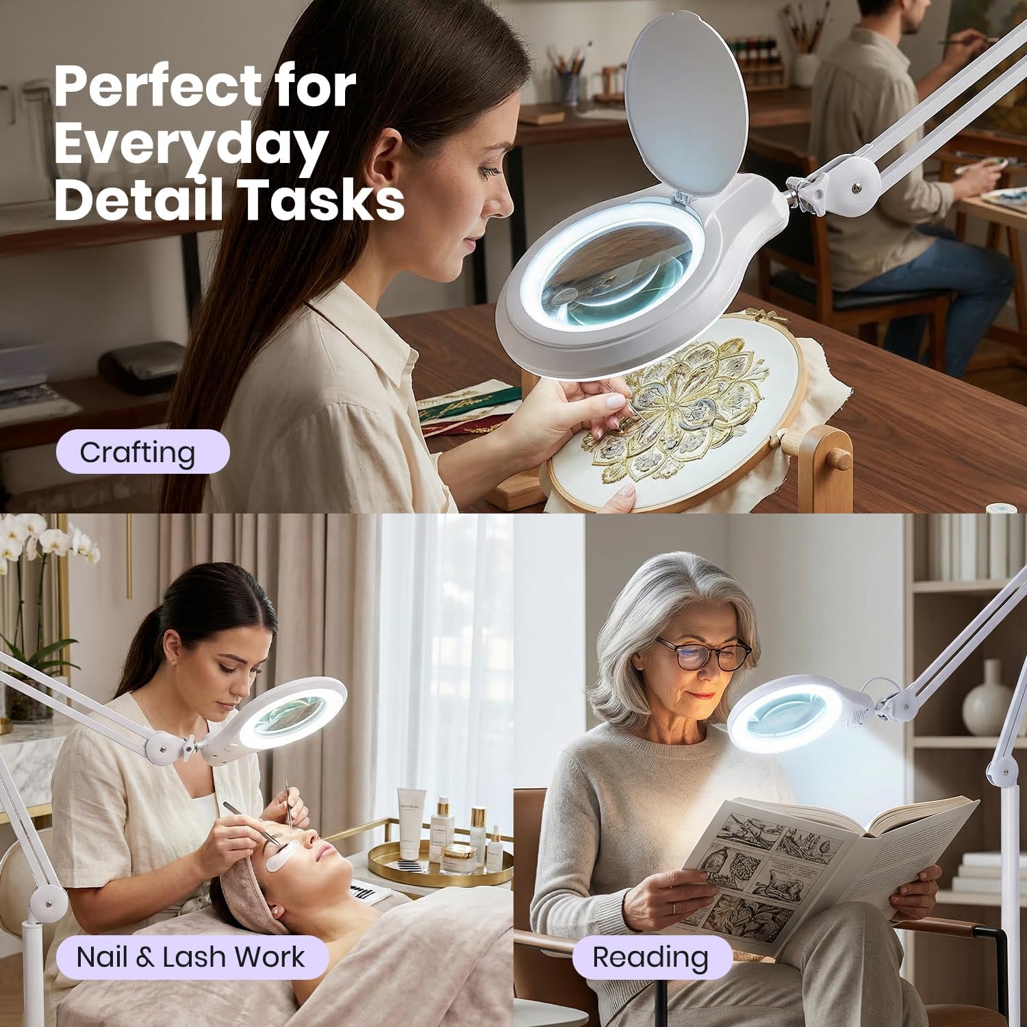 5" Wide Bifocals Glass Lens – 1200 Lumens LED Magnifying Floor Lamp with Rolling Base, White