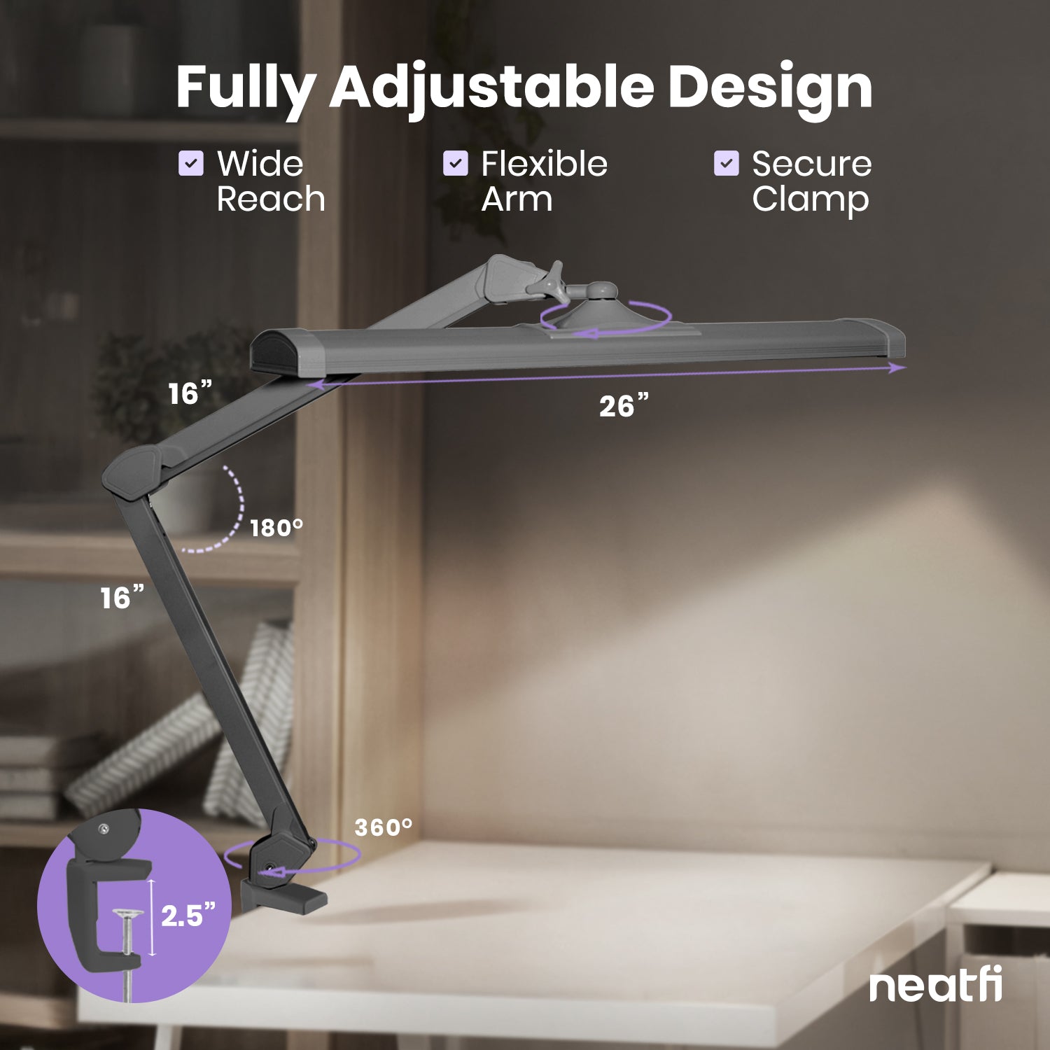 3500 Lumens LED Desk Lamp with Clamp – 26" Ultra-Wide, 3 Light Modes, Touch Control Light, Silver
