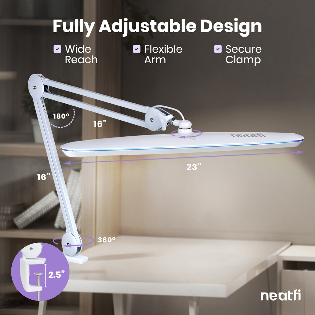 2200 Lumens LED Desk Lamp with Clamp – 23" Wide, 3 Light Modes for Workbench & Home Office, White