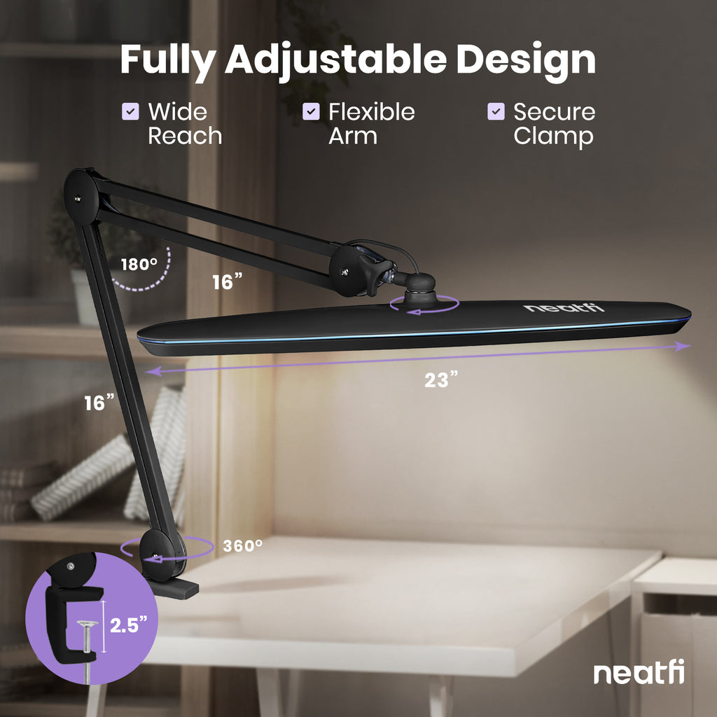2200 Lumens LED Desk Lamp with Clamp – 23" Wide, 3 Light Modes for Workbench & Home Office, Silver
