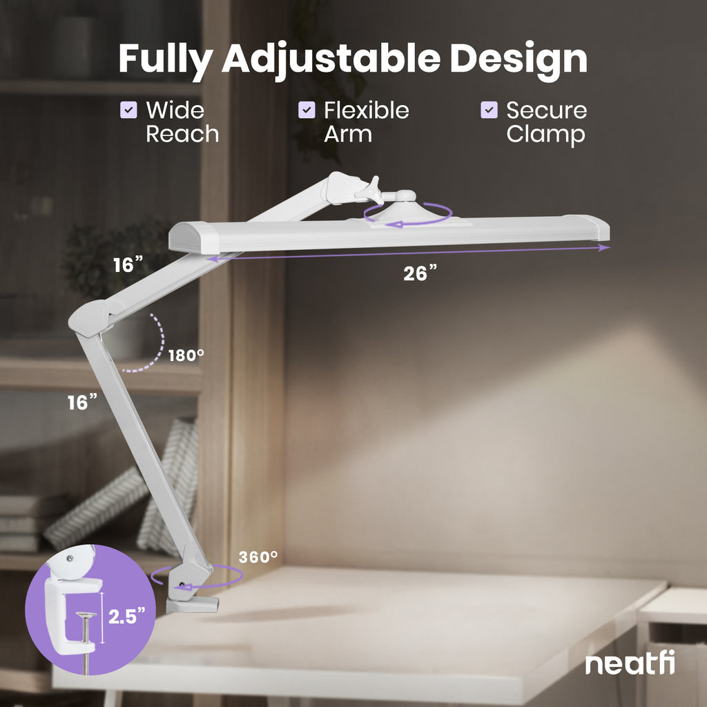 Neatfi Pro Series Ultra LED Desk Lamp – 3,500 Lumens, CRI 95, 26-Inch Wide, Adjustable CCT & Brightness Levels, White