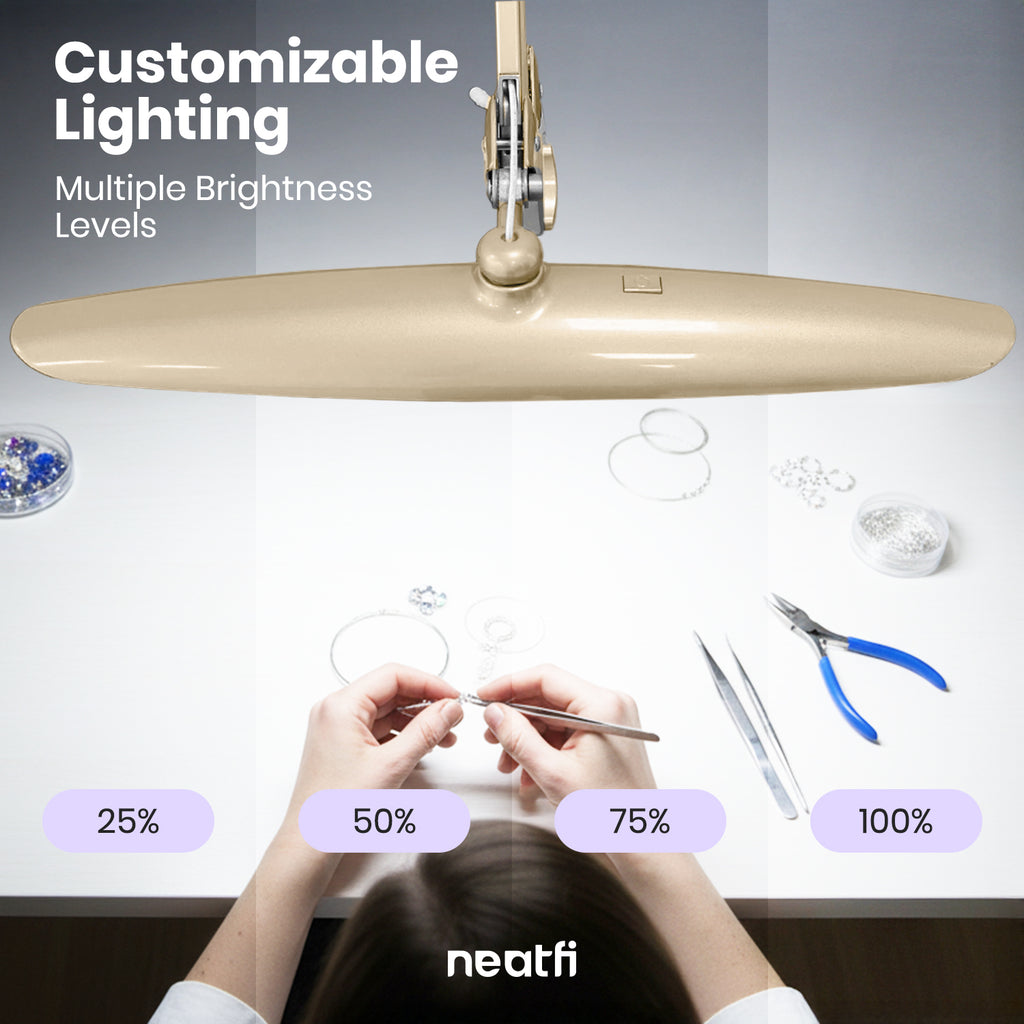 Lampe de bureau LED à tête large de 20 po avec pince – Lampe de travail de 2200 lumens pour bureau et travaux manuels, Or