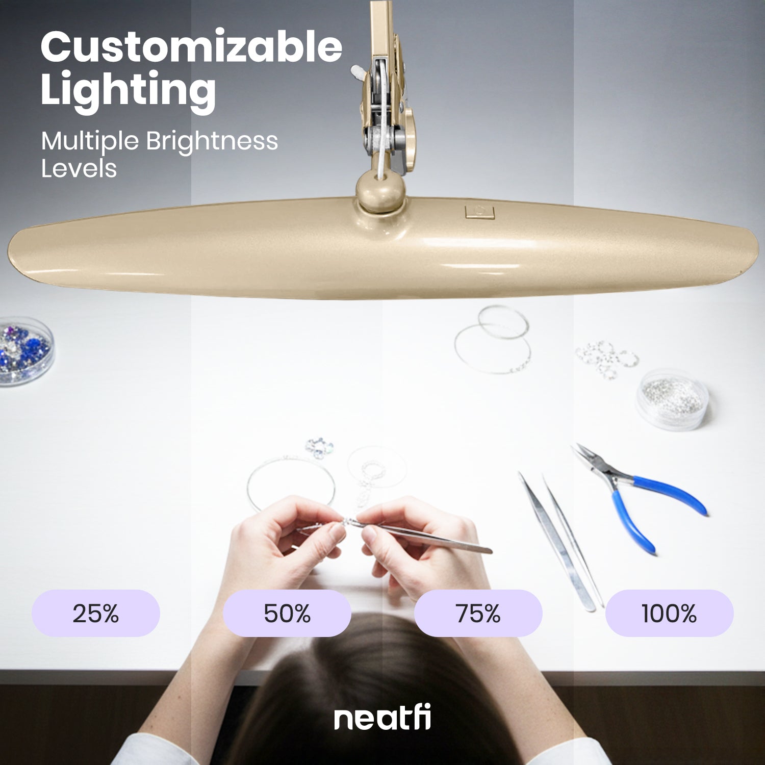 Lampe de bureau LED à tête large de 20 po avec pince – Lampe de travail de 2200 lumens pour bureau et travaux manuels, Or