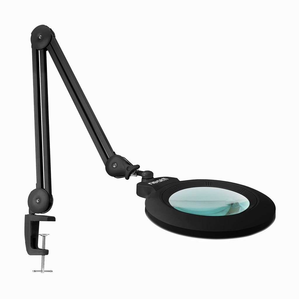 Lampe loupe LED acrylique de 7" de large avec pince – 1600 lumens, à intensité variable pour travaux de précision, noire