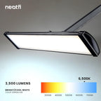 Neatfi LED light fixture with color temperature and lumens information on a gray background, 3500 lumens bright cool white desk lamp