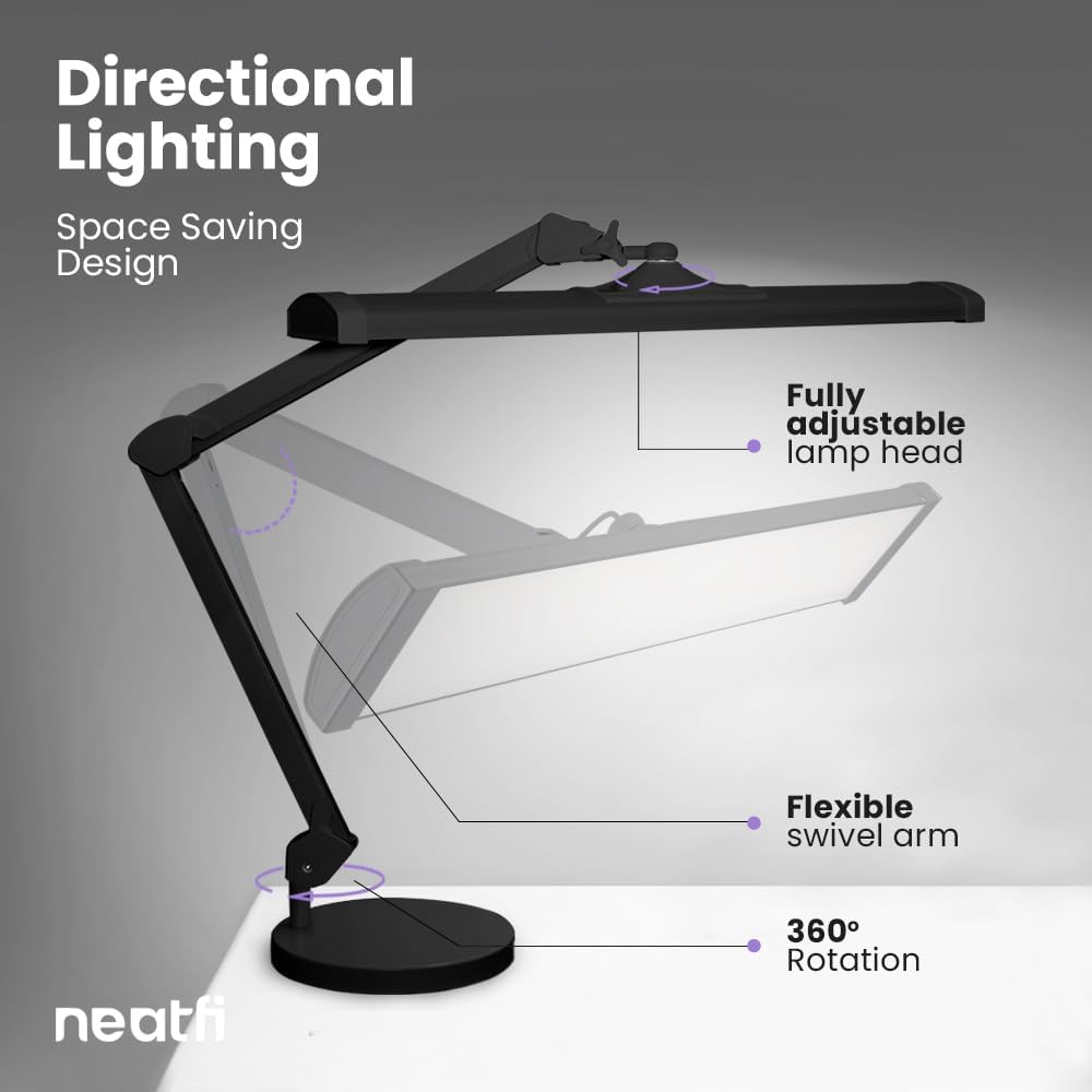 Neatfi Black adjustable desk lamp with base features highlighted on a gray background