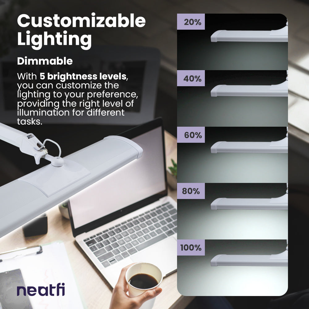 dimmable 26-inch white LED desk lamp with wide shade displaying multiple brightness levels, allowing customizable lighting for office work and crafts.