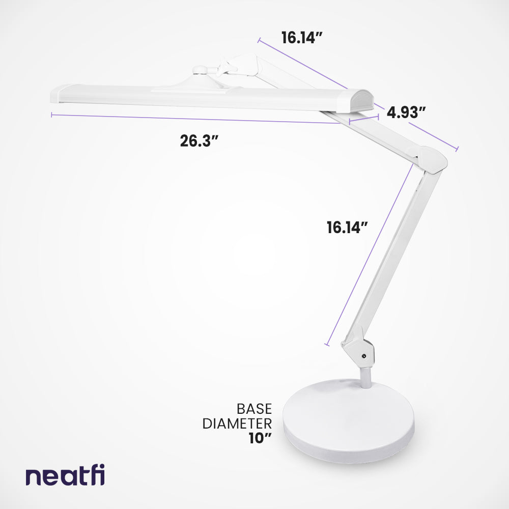 26-inch white LED desk lamp with base shown with full dimensions, including adjustable arm length and 10-inch round base for stable desk placement.