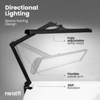 Adjustable 26-inch black LED desk lamp with clamp featuring a flexible swivel arm, adjustable lamp head, and 360-degree rotation.