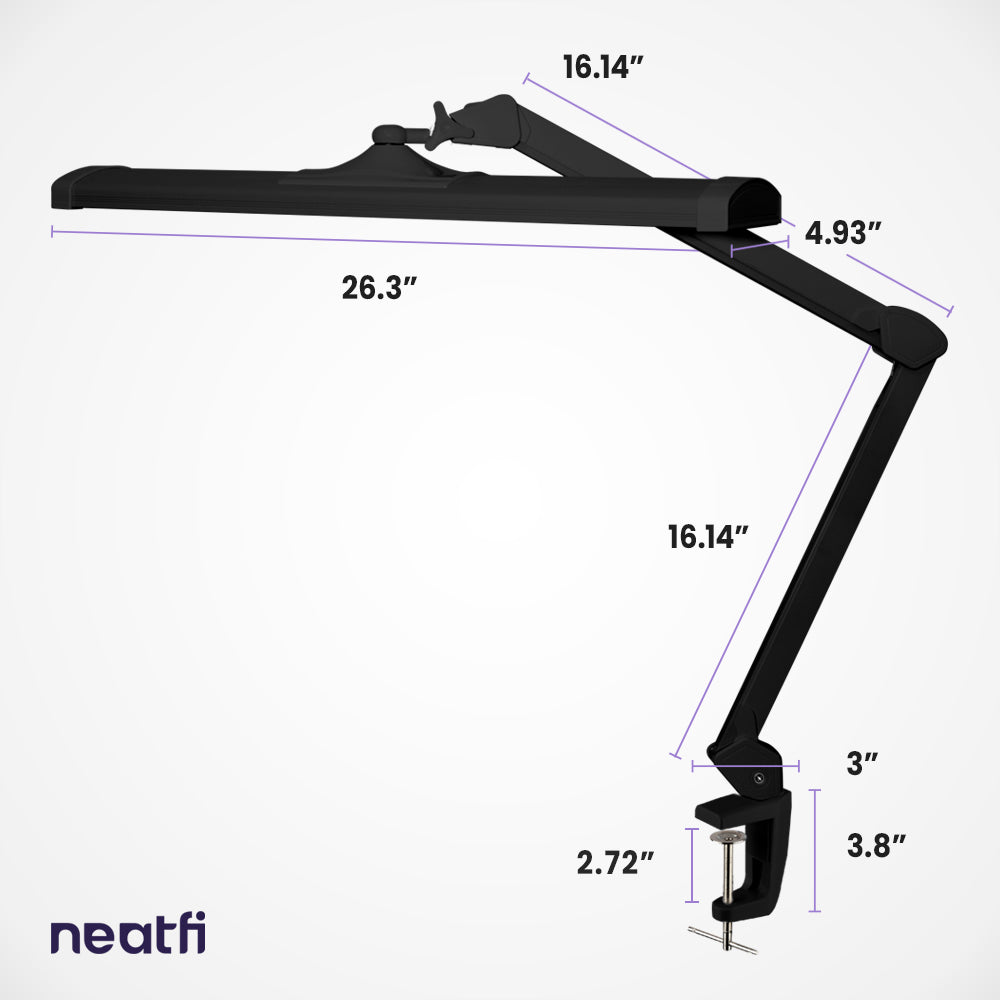 26-inch black LED desk lamp with clamp shown with full measurements, including adjustable arm length and space-saving clamp mount.