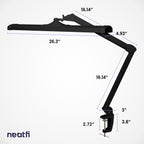 26-inch black LED desk lamp with clamp shown with full measurements, including adjustable arm length and space-saving clamp mount.
