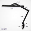 26-inch black LED desk lamp with clamp shown with full measurements, including adjustable arm length and space-saving clamp mount.