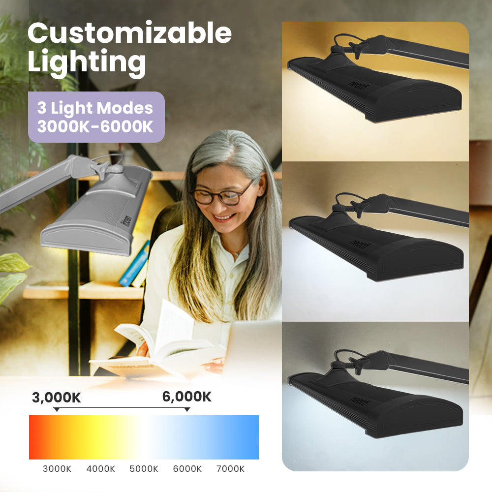 26-inch silver LED desk lamp with clamp showing three color temperature modes from warm to cool white for customizable task lighting.