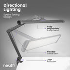 Adjustable 26-inch silver LED desk lamp with clamp featuring a flexible swivel arm, adjustable lamp head, and 360-degree rotation.