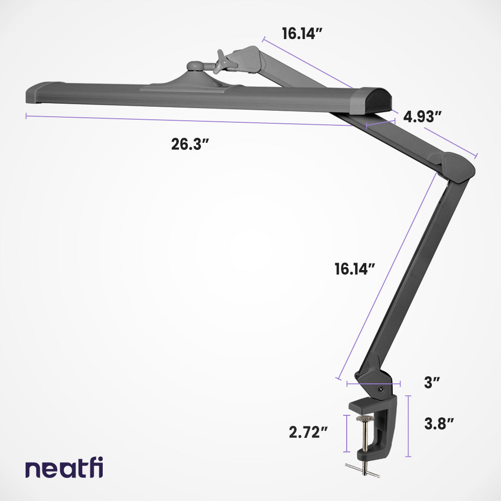 26-inch silver LED desk lamp with clamp shown with full measurements, including adjustable arm length and space-saving clamp mount.