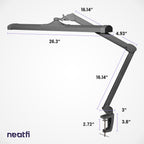 26-inch silver LED desk lamp with clamp shown with full measurements, including adjustable arm length and space-saving clamp mount.