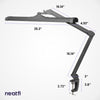 26-inch silver LED desk lamp with clamp shown with full measurements, including adjustable arm length and space-saving clamp mount.