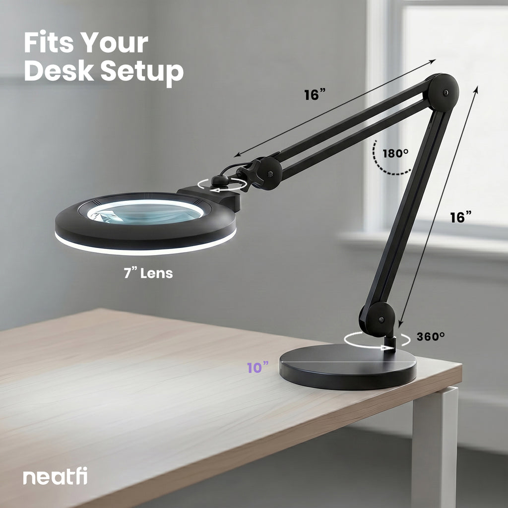Lampe loupe LED acrylique de 7 po de large avec base – 1600 lumens, à intensité variable pour travaux de précision, noir