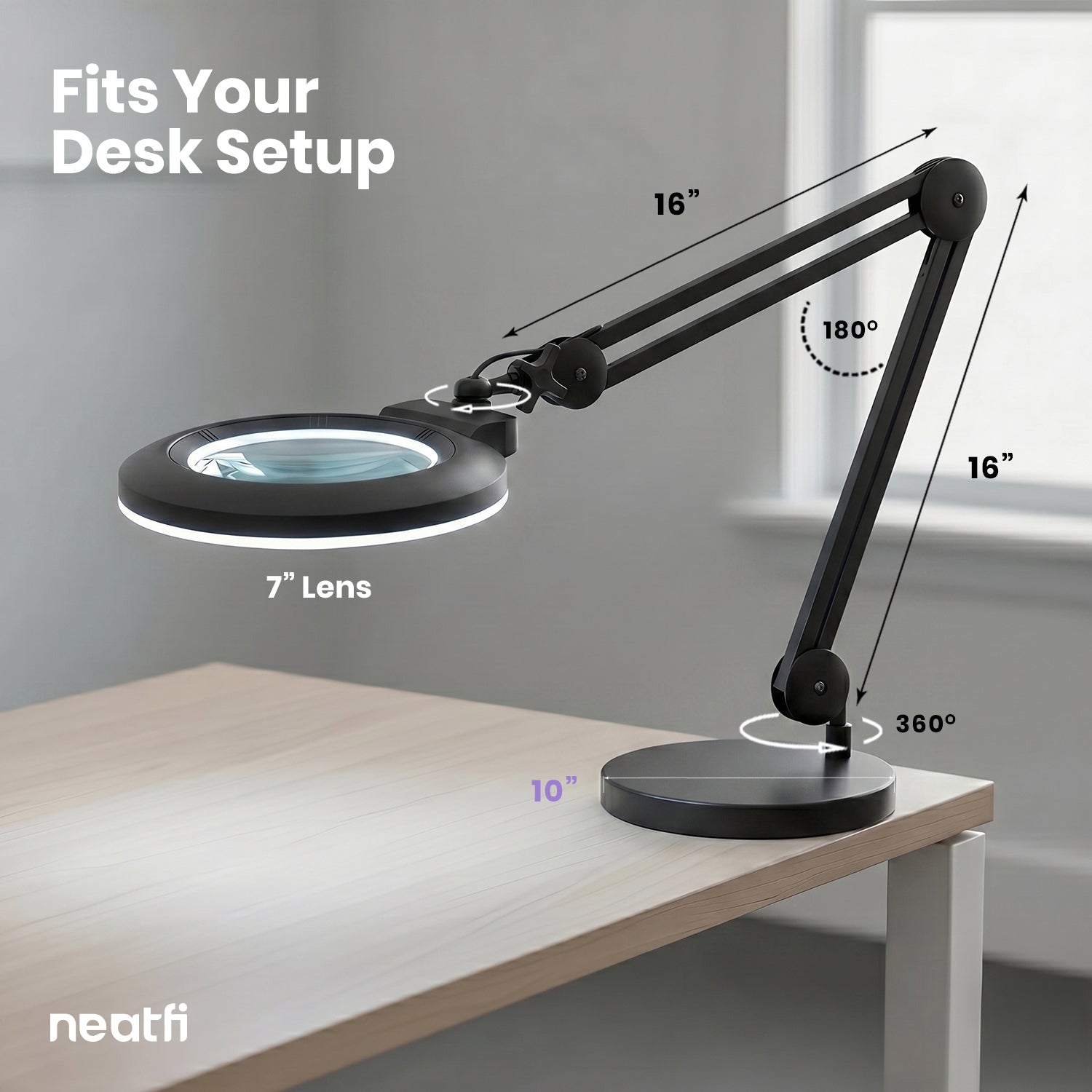 Lampe loupe LED acrylique de 7 po de large avec base – 1600 lumens, à intensité variable pour travaux de précision, noir
