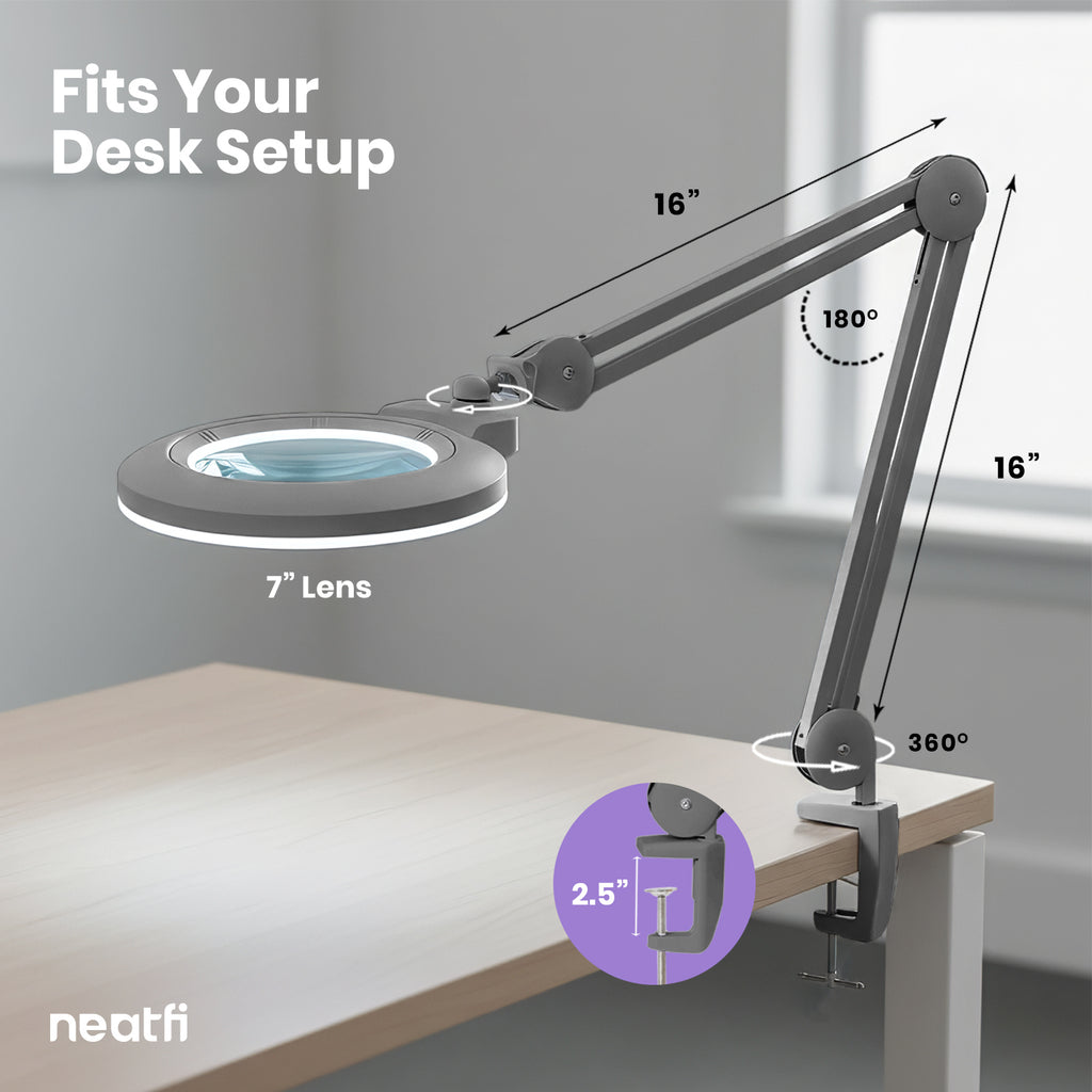 Lampe loupe LED acrylique de 7" de large avec pince – 1600 lumens, à intensité variable pour travaux de précision, argent