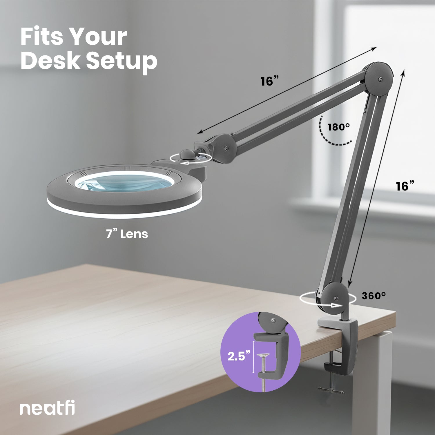 Lampe loupe LED acrylique de 7" de large avec pince – 1600 lumens, à intensité variable pour travaux de précision, argent