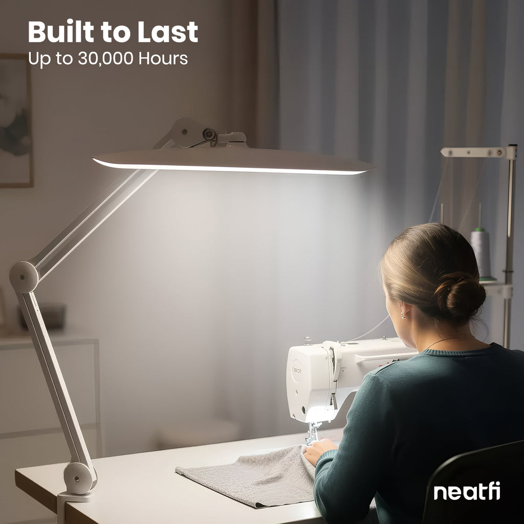 Lámpara de escritorio LED de 2200 lúmenes con abrazadera – Pantalla ancha de 20”, 3 modos de luz, luz de trabajo regulable, blanca