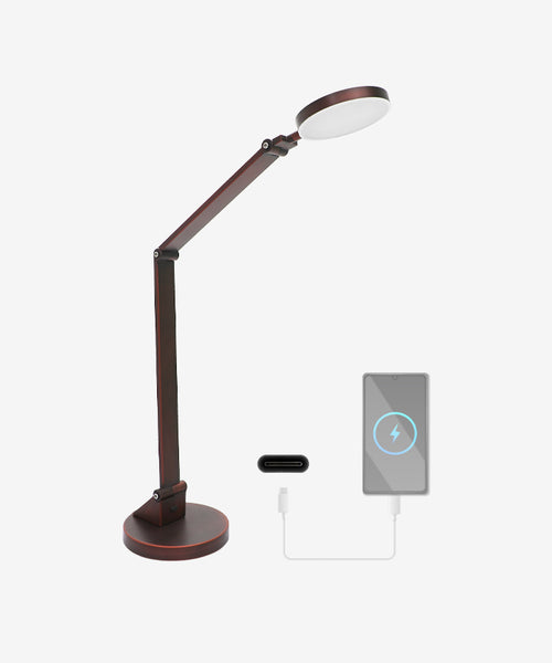 LED Table Lamp with Round Base with USB Charging Port for Home - Brown