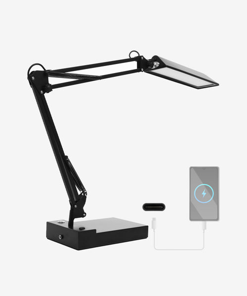 Table Lamp with Rectangular Base, USB Charging Port - Black