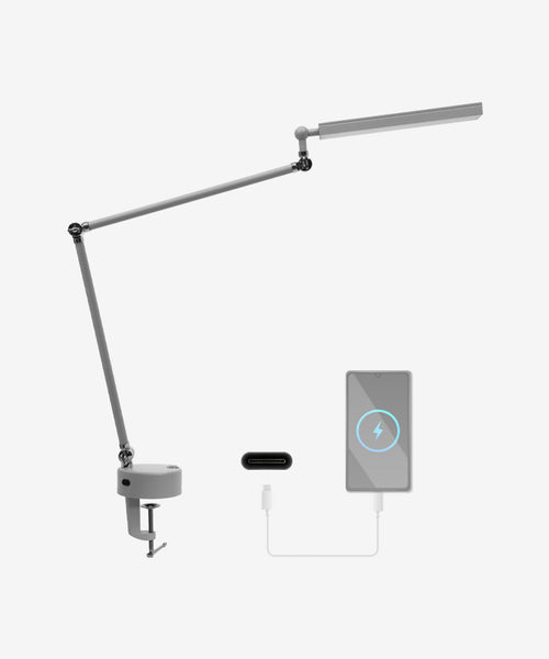 LED Table Lamp with Clamp, 3 Light Modes with USB Charging Port - Silver