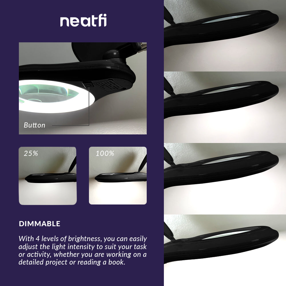 NeatFi (New Model) Neatfi XL Bifocals 1,200 Lumens Super LED Magnifying  Lamp with Clamp, 6 Inches Wide Lens, 4 Level Brightness