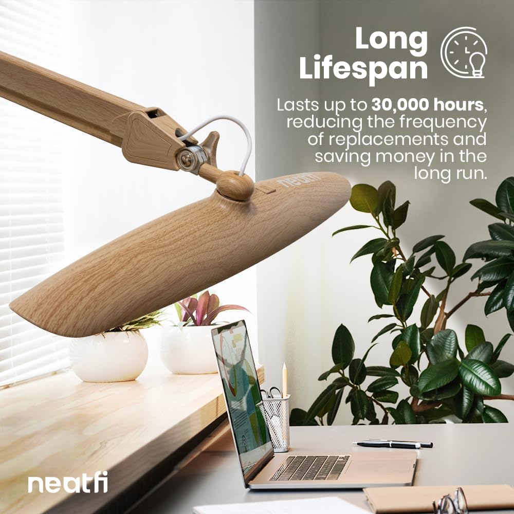 20” Wide Shade XL LED Desk Lamp with Clamp, 2200 Lumens, Dimmable – Brown Wood