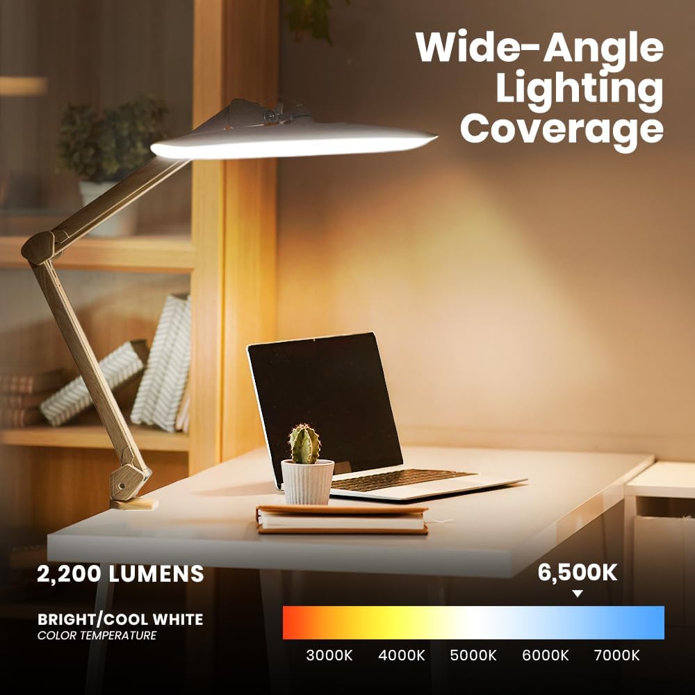 20” Wide Shade XL LED Desk Lamp with Clamp, 2200 Lumens, Dimmable – Brown Wood
