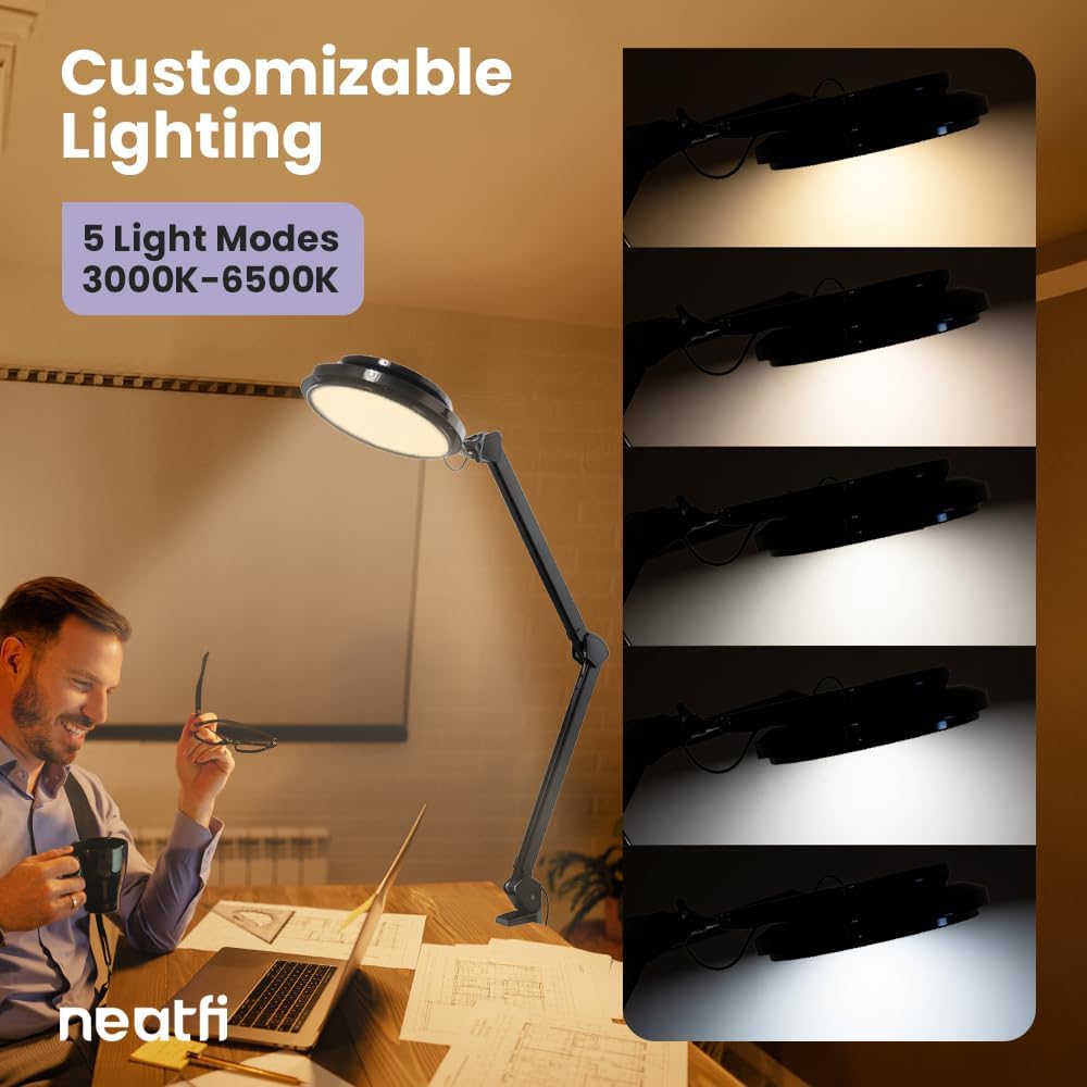 3000 Lumens Desk Lamp with Clamp – Adjustable Color Modes, Dimmable Light for Workbench, Black
