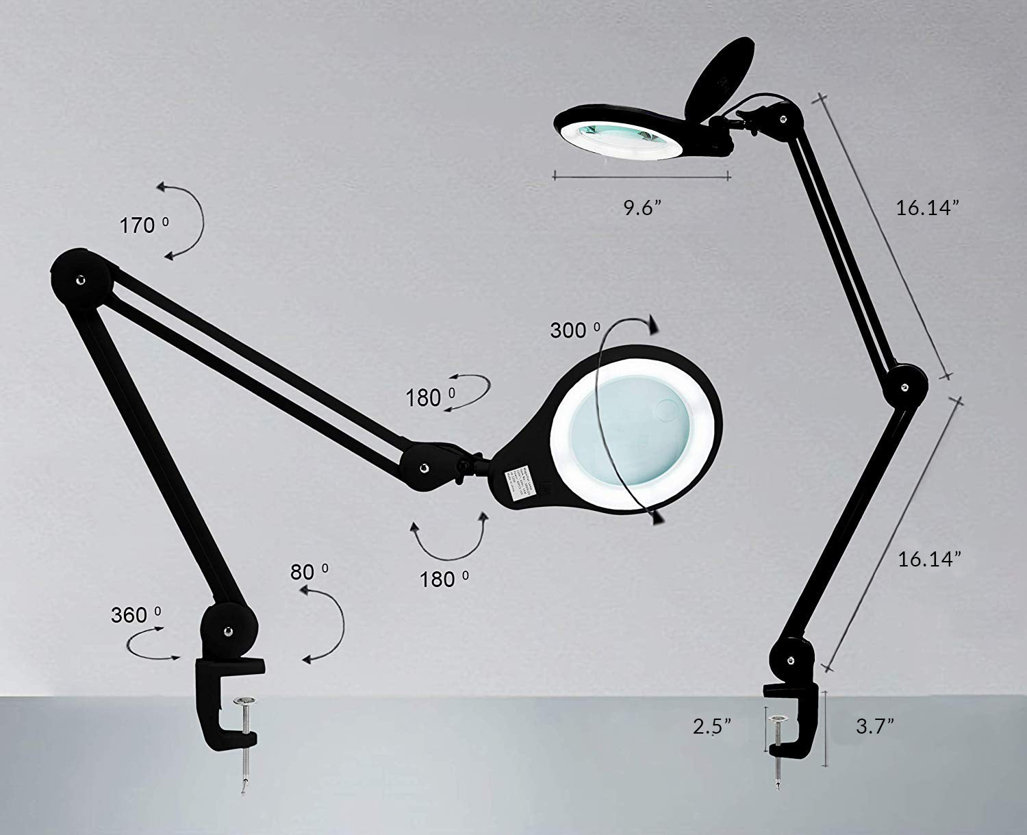 5" Wide 8D/20D Lens – 1200 Lumens LED Magnifying Lamp with Clamp for Crafts & Detail Works, Black