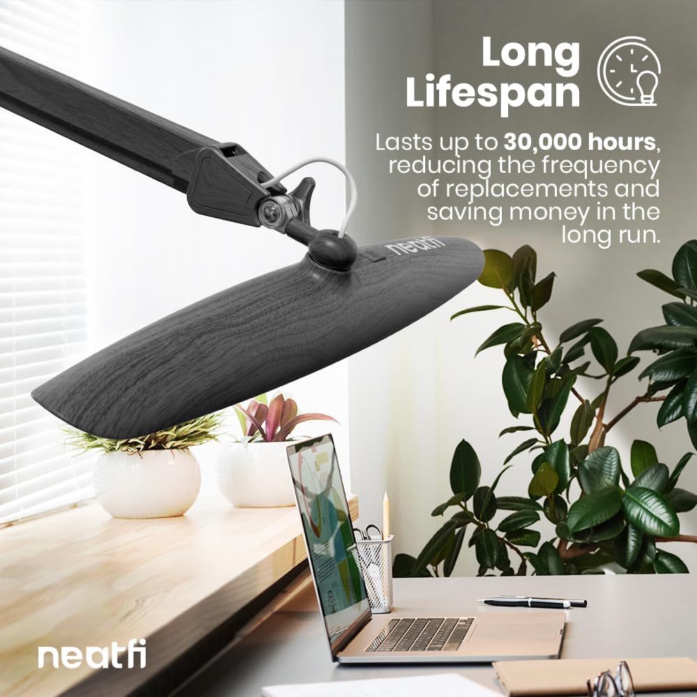 20” Wide Head LED Desk Lamp with Clamp – 2200 Lumens Task Light for Home Office & Crafts, Gray Wood