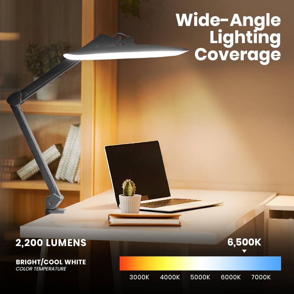 20” Wide Head LED Desk Lamp with Clamp – 2200 Lumens Task Light for Home Office & Crafts, Gray Wood