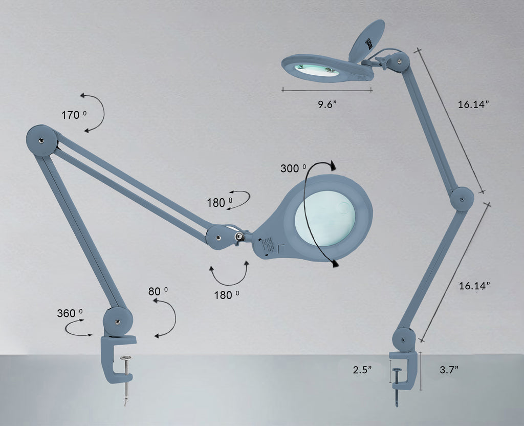 5" Wide Bifocals Lens – 1200 Lumens LED Magnifying Lamp for Crafts & Detail Works, Clamp Mount, Gray