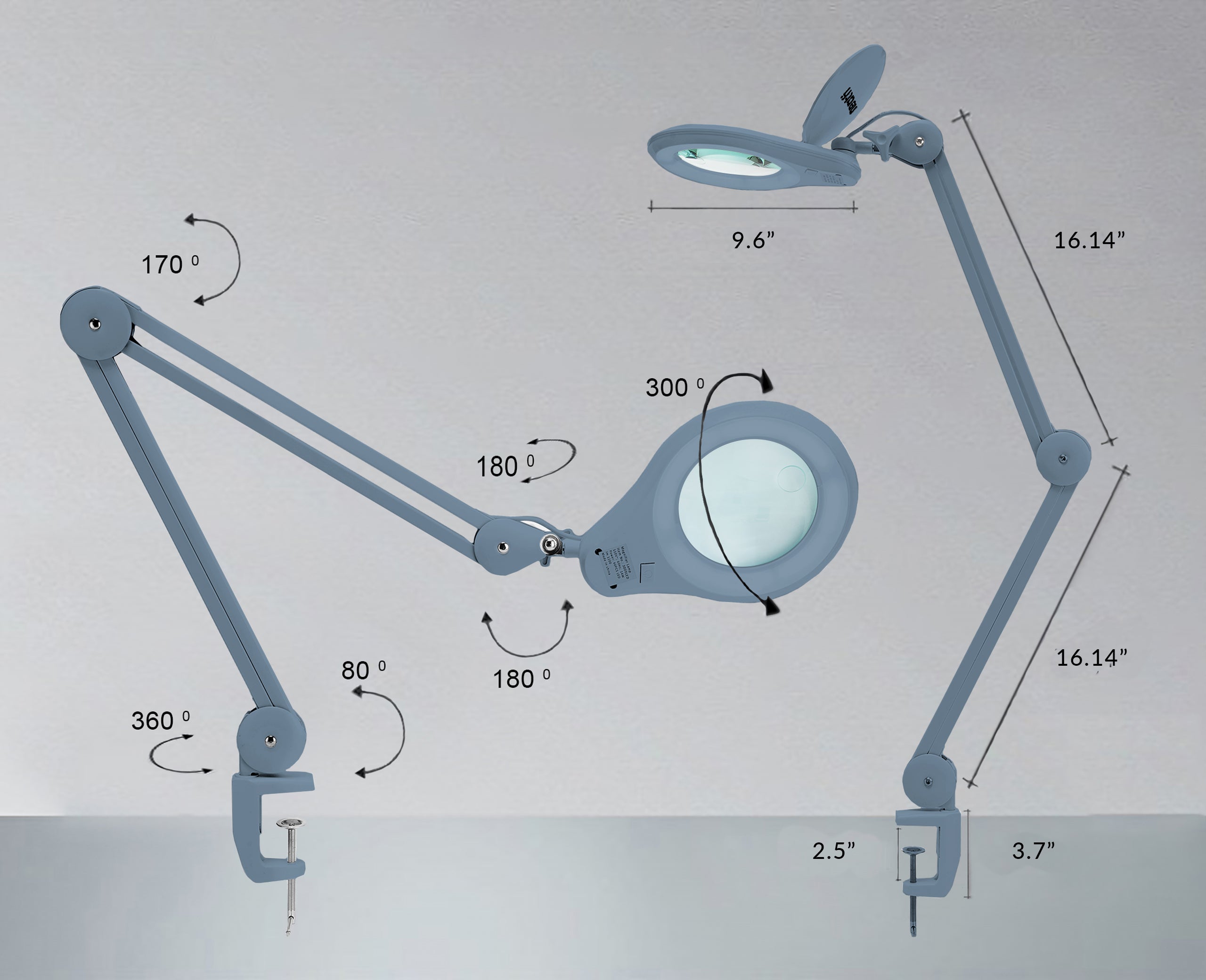 5" Wide Bifocals Lens – 1200 Lumens LED Magnifying Lamp for Crafts & Detail Works, Clamp Mount, Gray