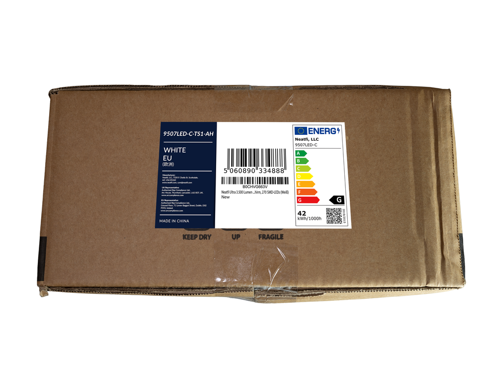 neatfi brown box packaging side view with sticker label and energy label