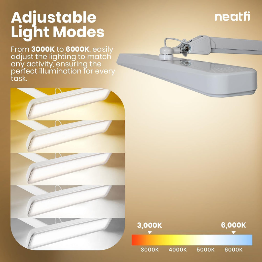 22" LED Desk Lamp with Clamp – 2,500 Lumens, Dimmable, 5 Light Modes, Adjustable Desk Light for Home, Office & Crafts - White