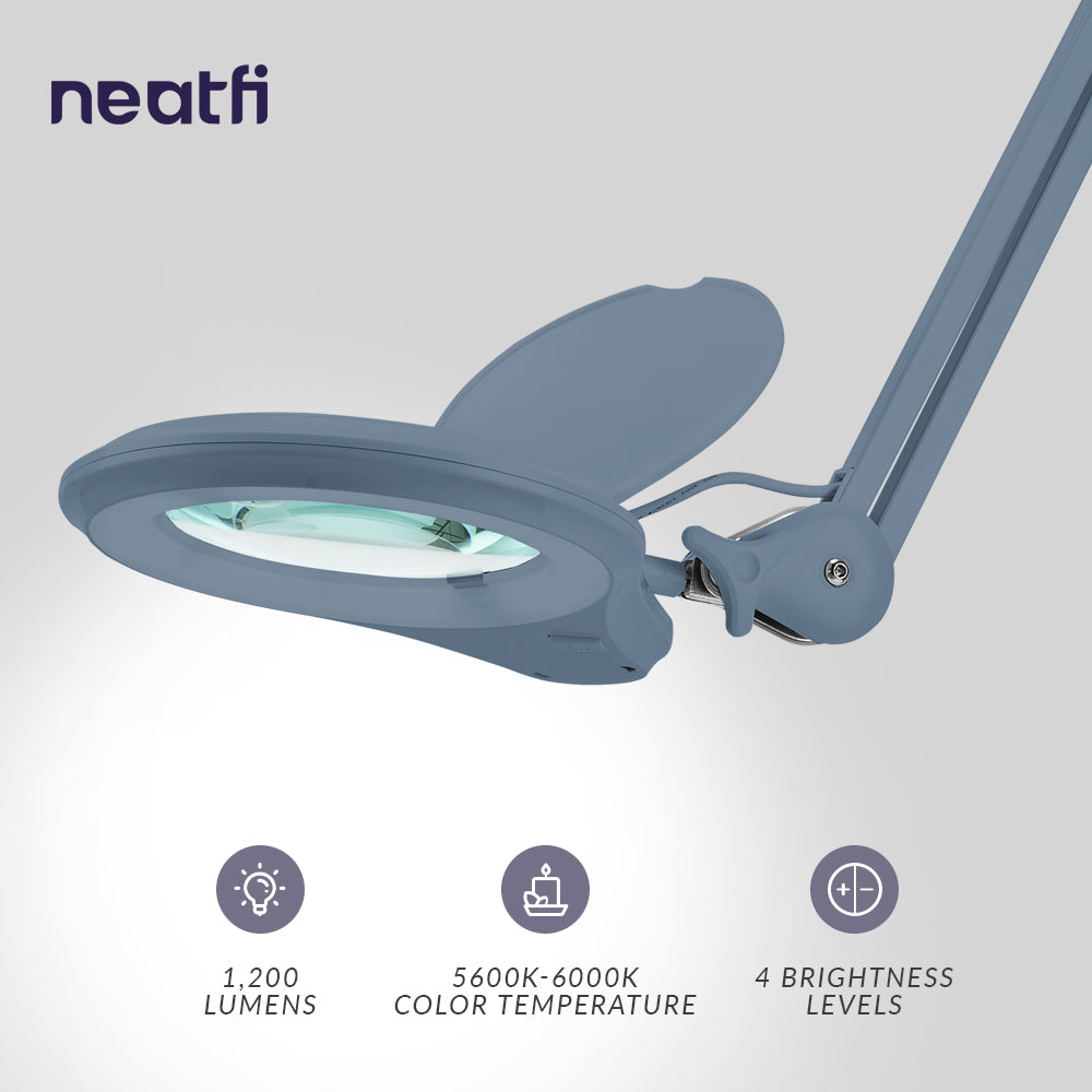 5" Wide Bifocals Lens – 1200 Lumens LED Magnifying Lamp for Crafts & Detail Works, Clamp Mount, Gray