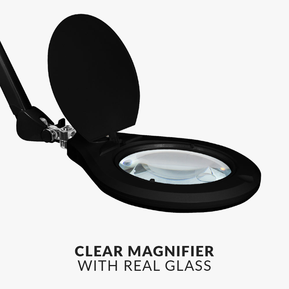 6" Glass Lens Elite Magnifying Lamp with Clamp – Glare-Free, Non-polar Dimming for Reading, Black
